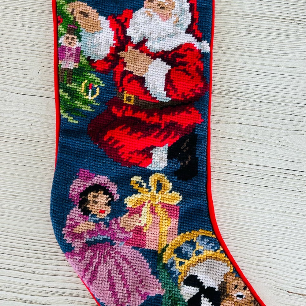 Vintage Needlepoint Santa Doll Christmas Stocking Cottage Core Grand Millenial